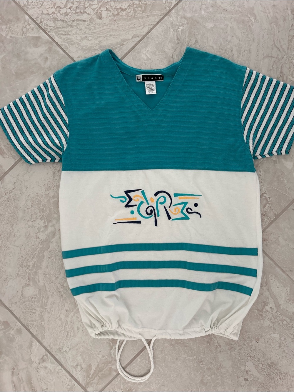 Vintage Blast Tribal Top Womens Small Teal Colorblock Ribbed Drawstring Shirt
